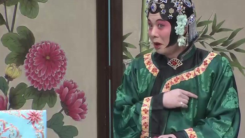 京剧《三娘教子》录像截帧:青衣扮王春娥近景(墨绿女帔、点翠头面)