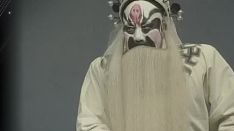 京剧《九江口》录像截帧:张定边(净,白面白满髯、白蟒)坐相(表演:袁世海)