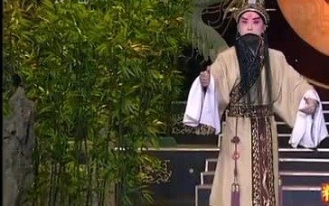 京剧《兵圣孙武》选段:孙武(于魁智饰)着团龙戏衣抖袖亮相(央视所播录像截帧)